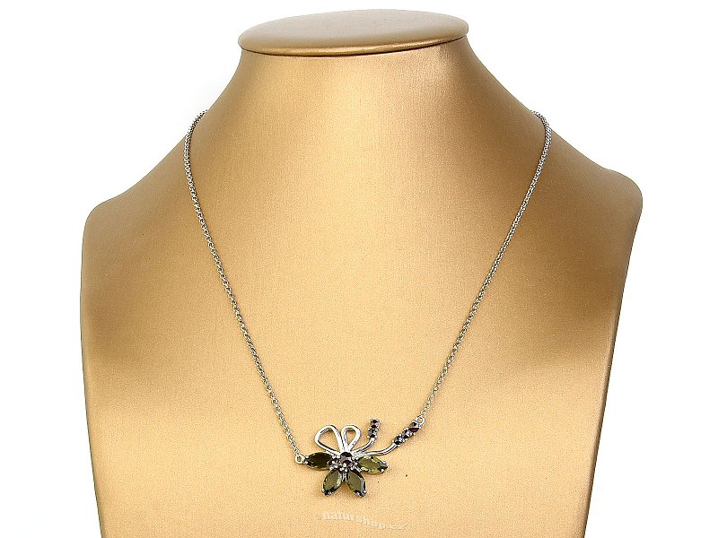 Vltavín + granát brus náhrdelník květina (4+6) Ag 925/1000 45,5cm