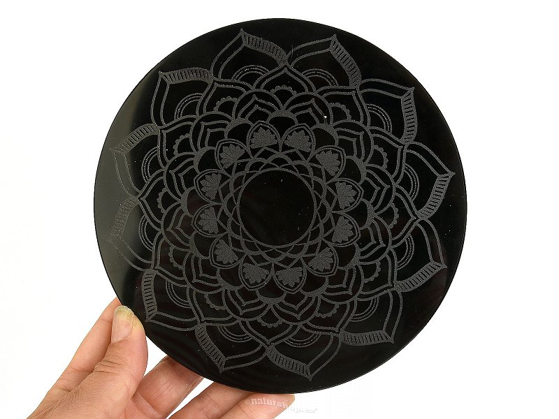Zrcadlo obsidián vzor mandala cca 15cm