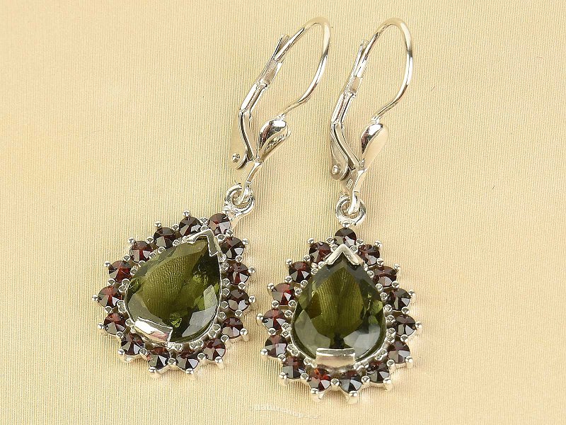 Earrings of moldavite and garnets drop Ag 925/1000