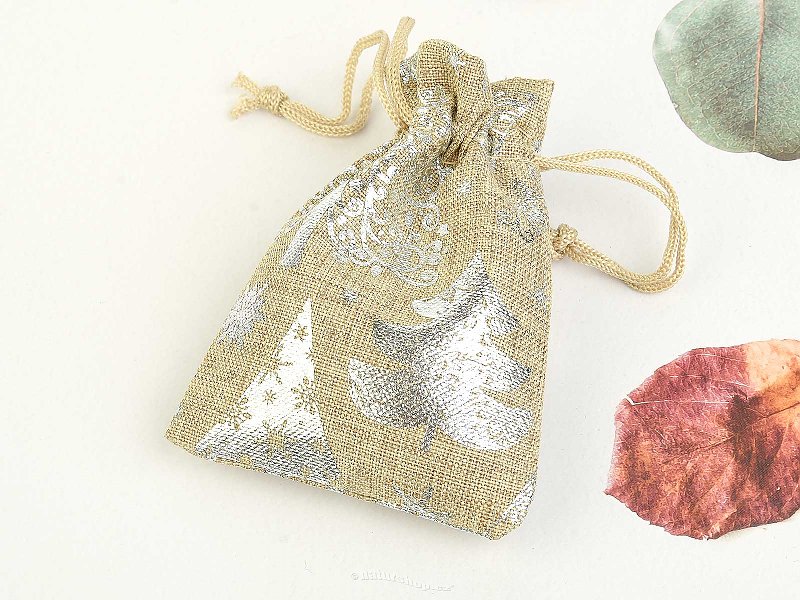 Natural Christmas gift bag with silver print 10 x 7 cm