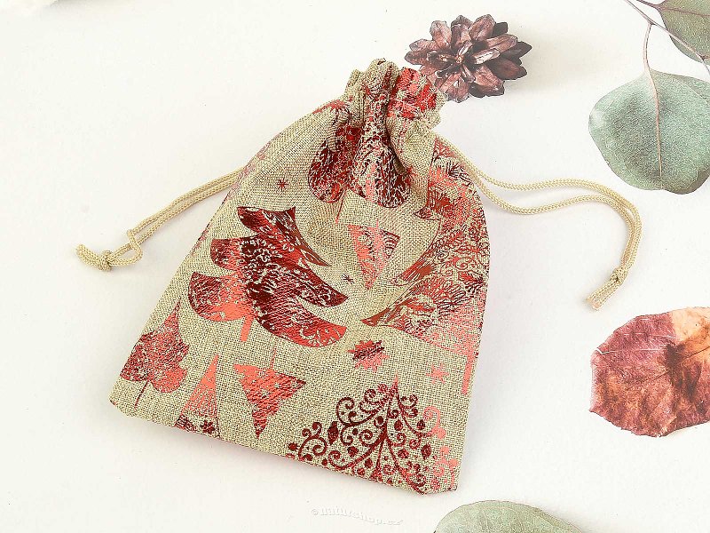 Natural Christmas gift bag with red print 14 x 10 cm