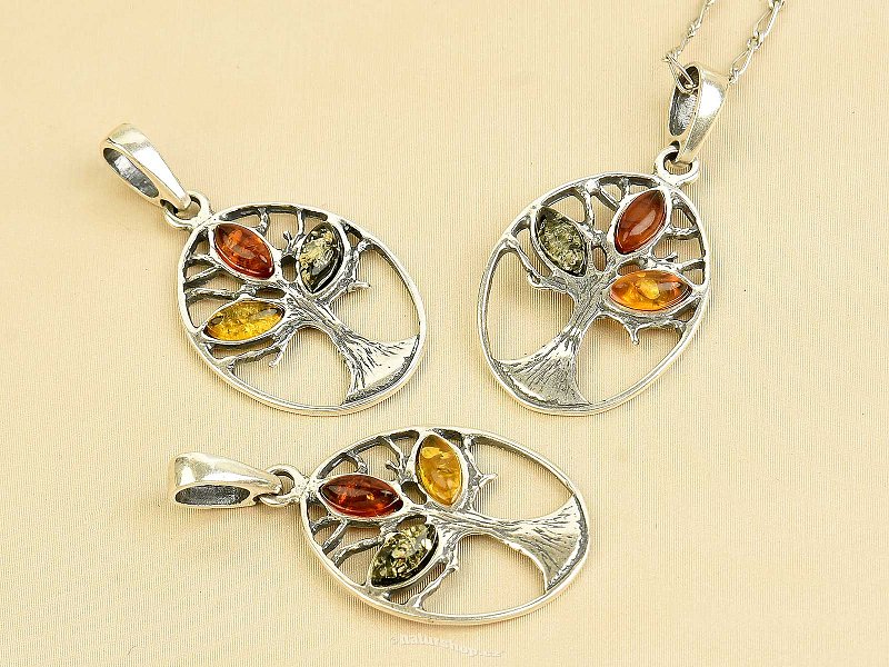 Amber pendant oval tree of life Ag 925/1000
