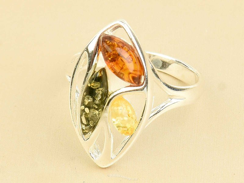 Stříbrný prsten s jantary mix Ag 925/1000