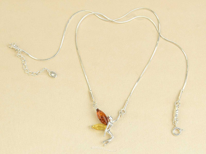 Stříbrný náhrdelník s jantary víla Ag 925/1000 41,5 - 45cm 5,4g