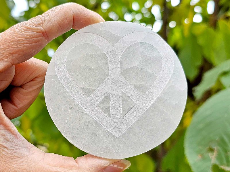 Selenite wheel with Peace heart symbol approx. 8cm