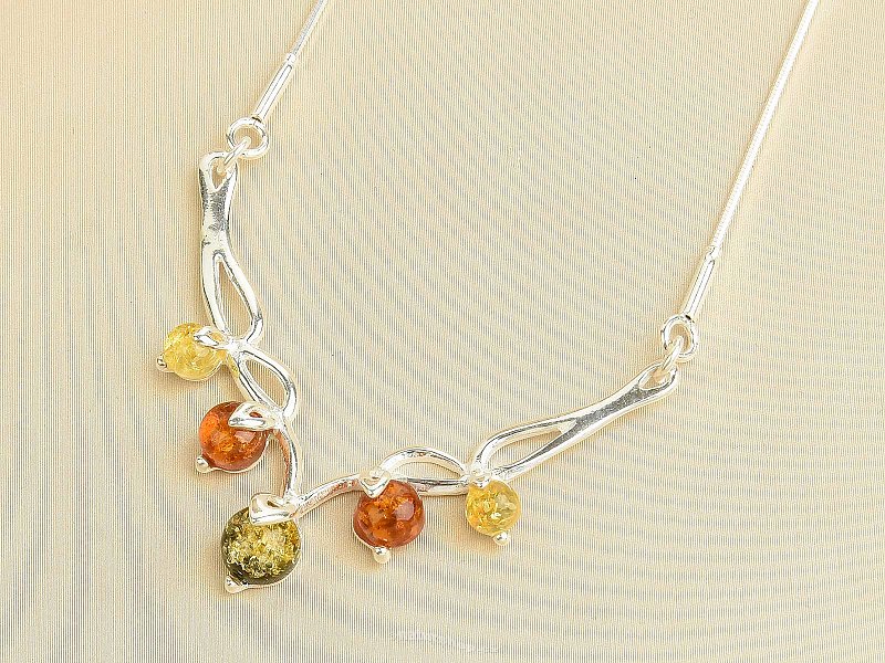 Stříbrný náhrdelník s barevnými jantary Ag 925/1000 41 - 45cm 5,7g