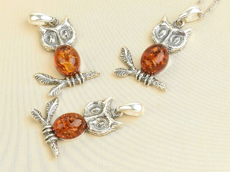 Silver owl pendant with amber Ag 925/1000