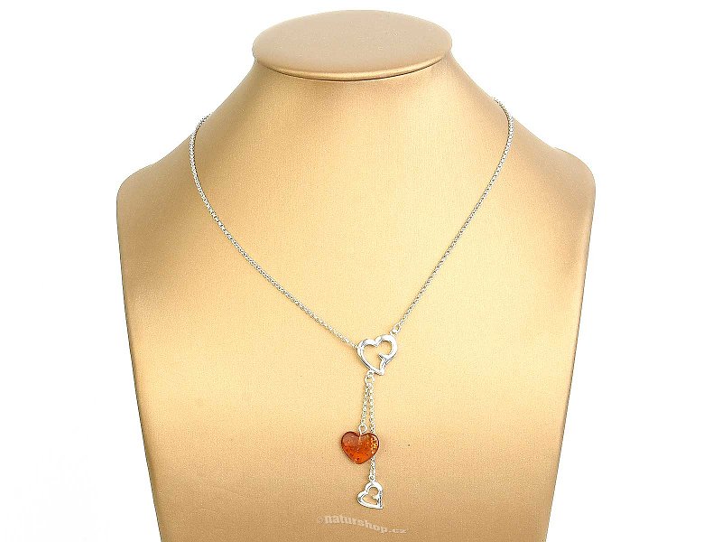 Stříbrný jantarový náhrdelník srdce Ag 925/1000 41 - 45cm 5,2g