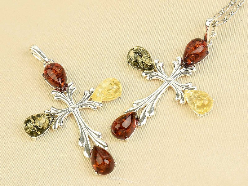 Silver cross pendant with amber mix Ag 925/1000