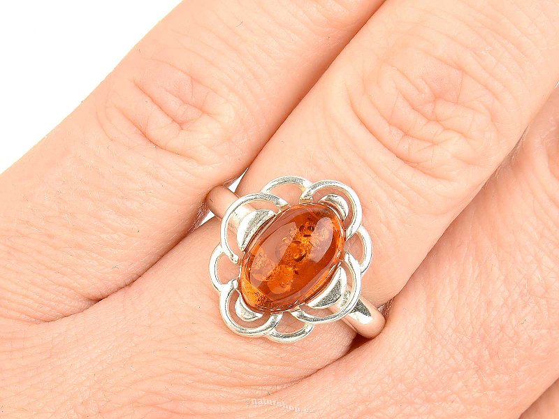 Amber ring honey oval decorated Ag 925/1000