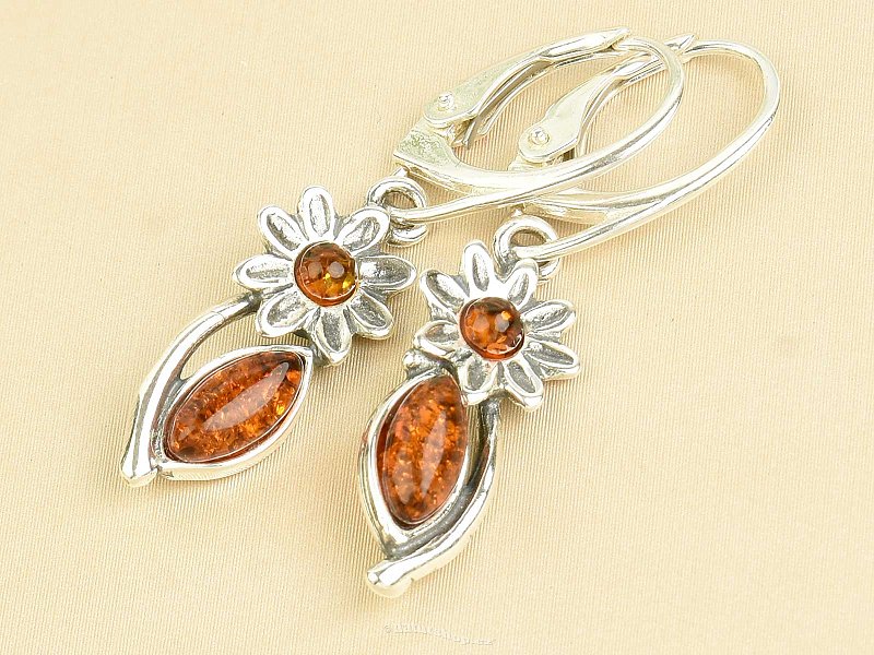 Silver amber earrings flower Ag 925/1000