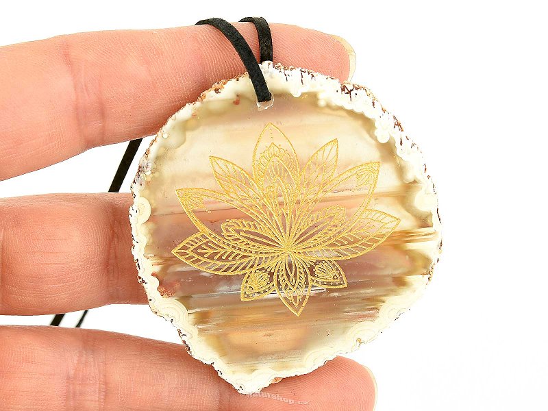 Agate pendant slice with engraved Lotus motif 23.7g