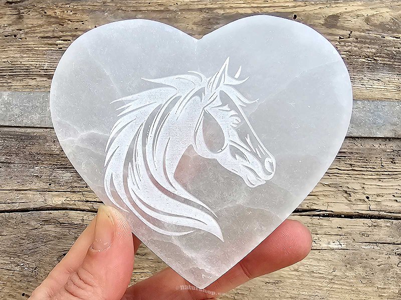 Selenite heart with engraved horse motif