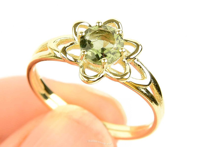 Ring with moldavite flower 6mm standard cut gold Au 585/1000 14K (size 58) 2.93g
