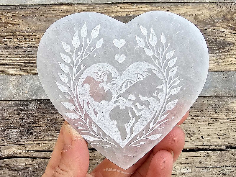 White selenite heart with an engraved motif approx. 10 cm