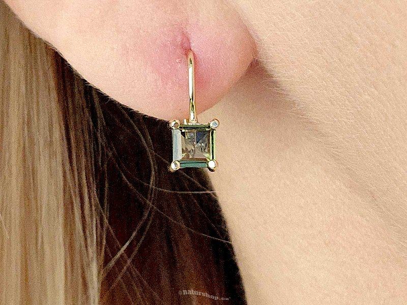 Moldavite earrings square 5 x 5mm gold Au 585/1000 14K 2.06g