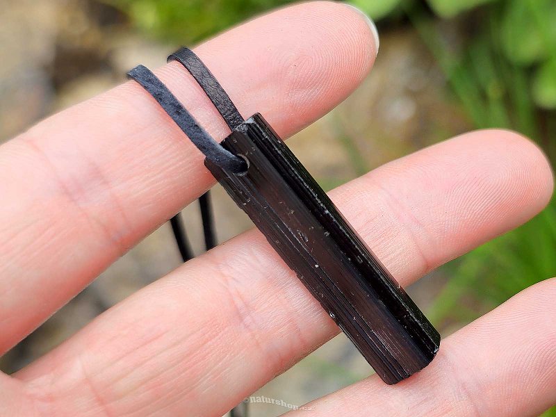 Tourmaline black crystal pendant on leather 6.4g