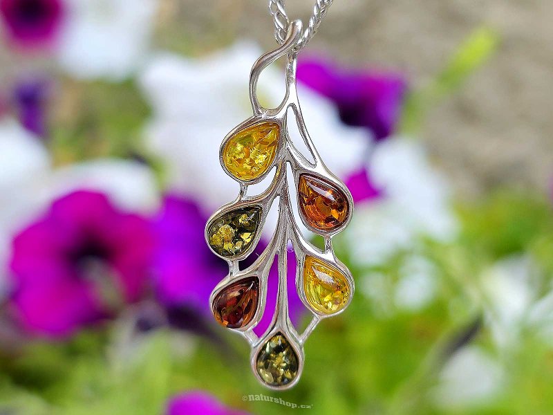 Amber pendant leaf mix colors Ag 925/1000