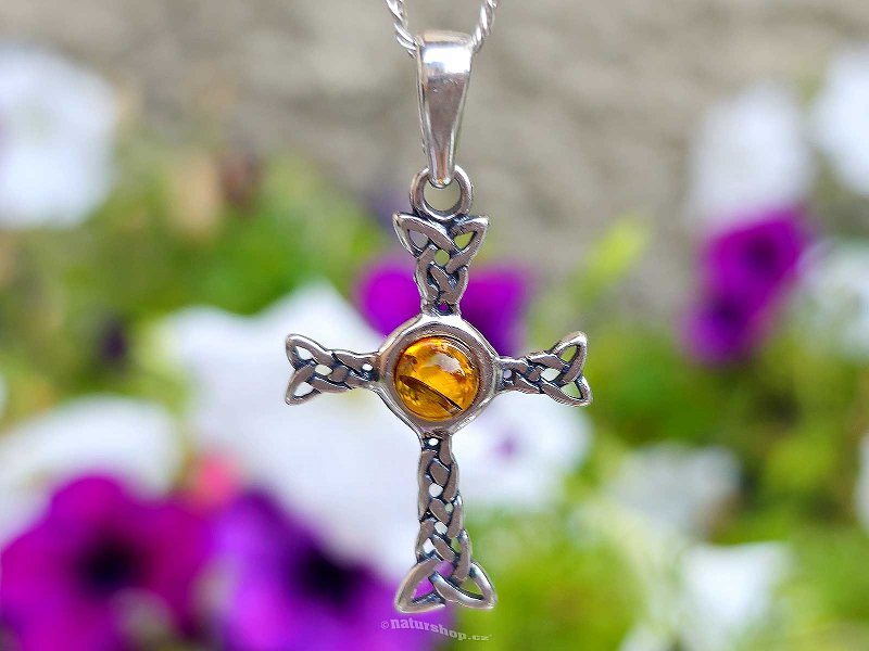 Amber honey pendant Celtic cross Ag 925/1000