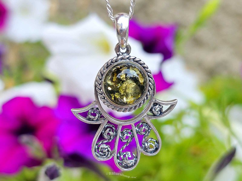 Pendant green amber Hamsa Ag 925/1000 4.4g