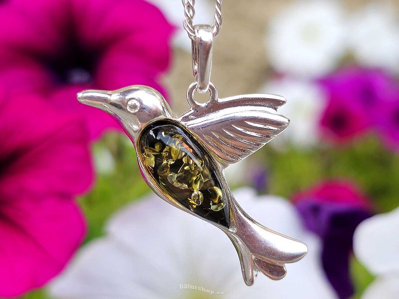 Amber green hummingbird pendant Ag 925/1000 2.6g