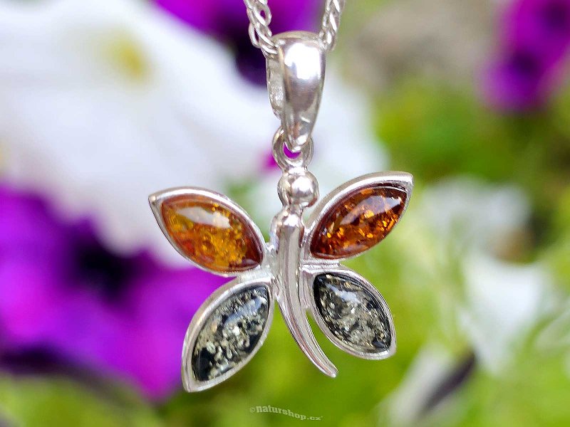 Pendant amber honey and green butterfly Ag 925/1000