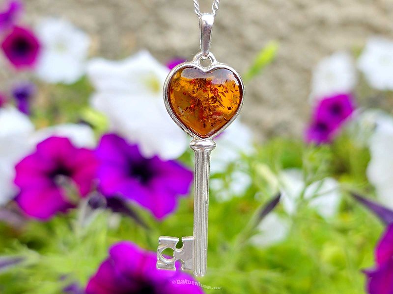 Pendant amber honey key silver Ag 925/1000