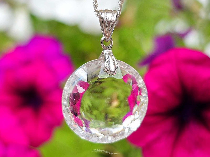 Crystal facet pendant round 20mm Ag 925/1000 + Rh