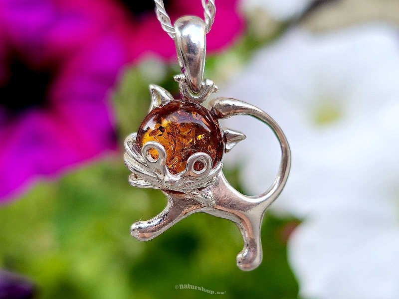 Pendant amber honey cat Ag 925/1000