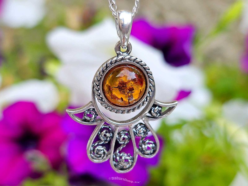 Pendant amber Hamsa Ag 925/1000