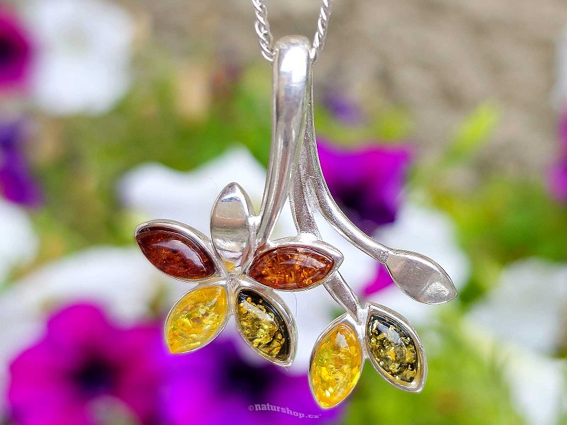 Original pendant amber flowers Ag 925/1000