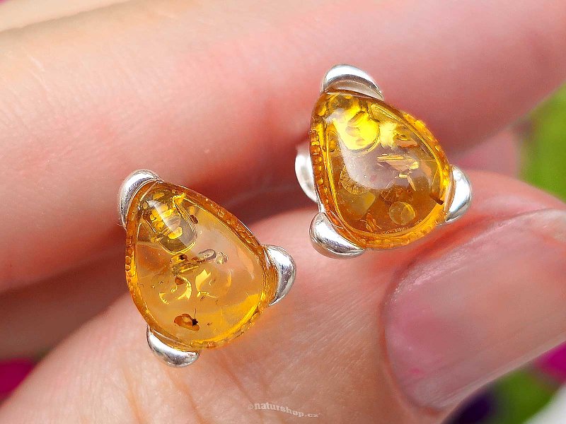 Yellow amber teardrop earrings Ag 925/1000 stud