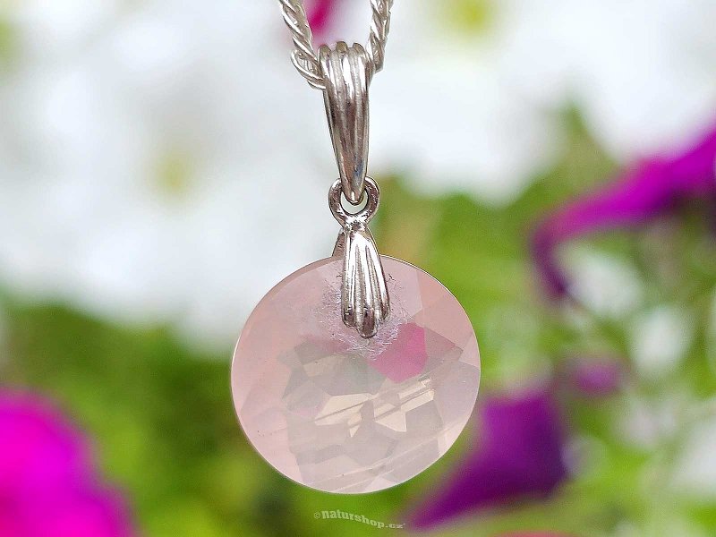 Rose quartz facet round pendant Ag 925/1000 + Rh