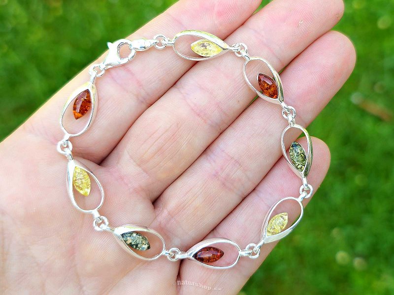 Bracelet amber drops mix colors 18.5cm Ag 925/1000