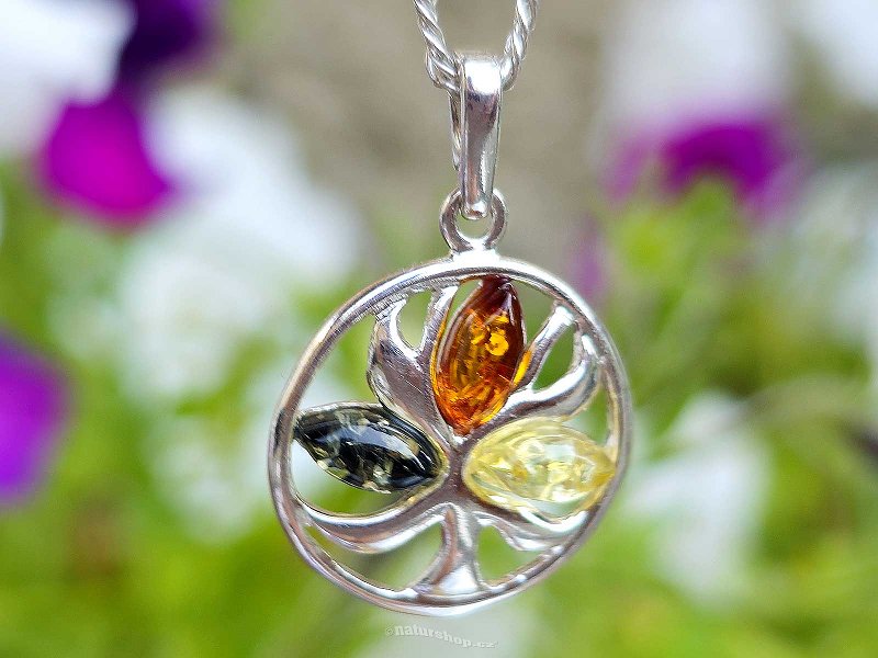 Amber mix of colors pendant tree in a circle Ag 925/1000