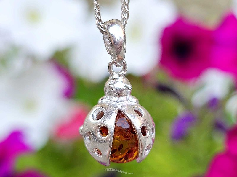 Amber ladybug pendant silver Ag 925/1000