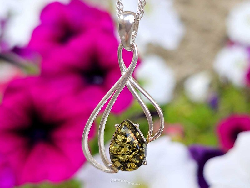 Amber green drop pendant decorated with silver Ag 925/1000
