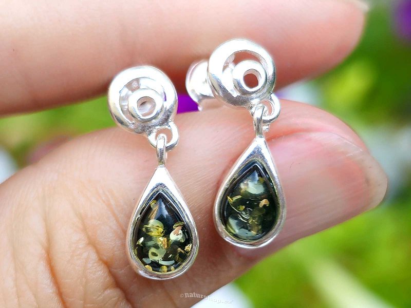 Green amber teardrop earrings Ag 925/1000