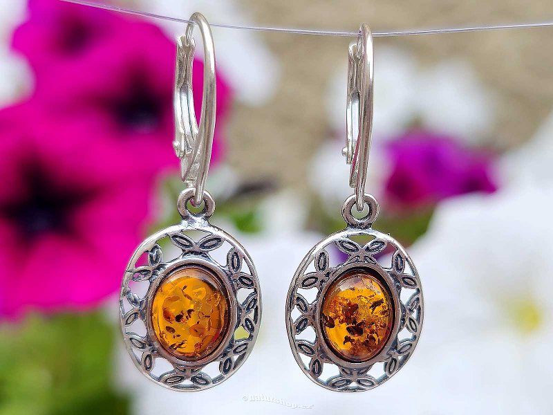 Amber earrings oval decorated Ag 925/1000