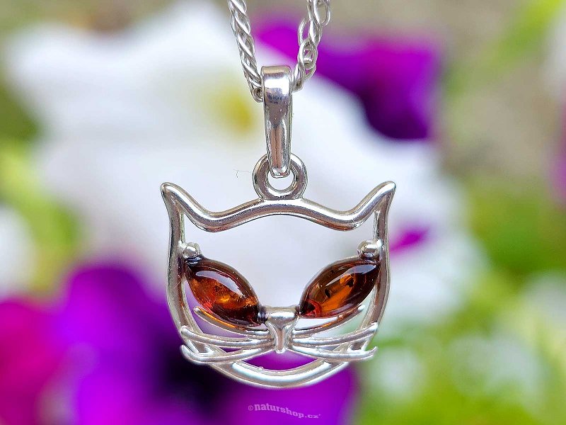 Amber cat honey pendant Ag 925/1000