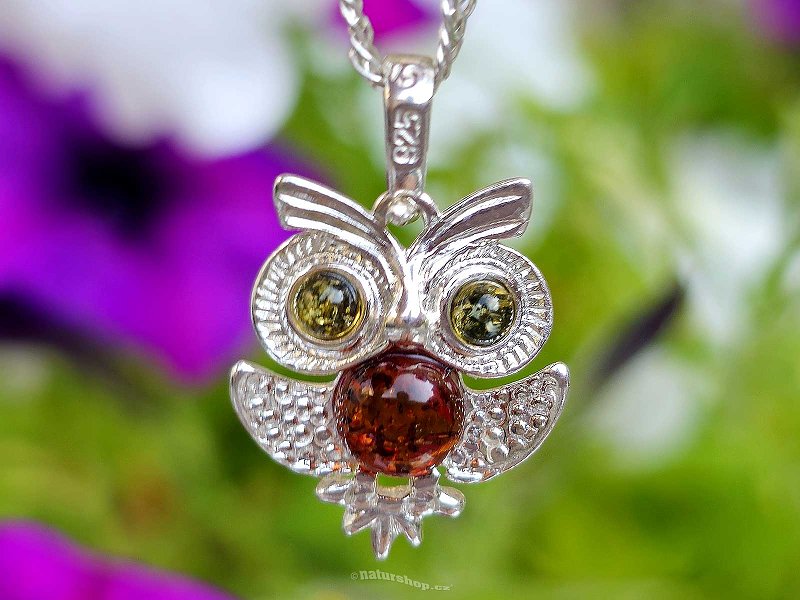 Pendant amber owl silver Ag 925/1000 1.7g