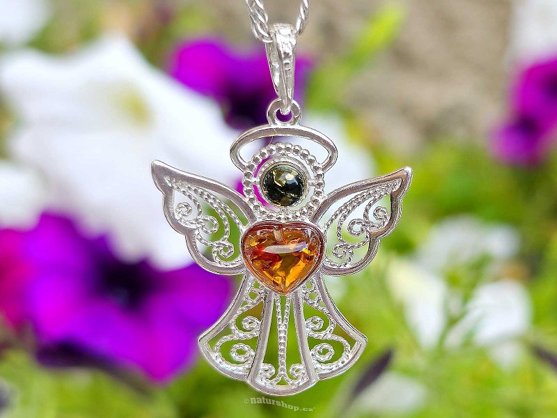 Amber pendant decorated with an angel Ag 925/1000