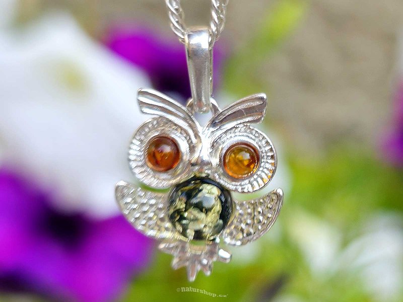 Pendant amber owl silver Ag 925/1000