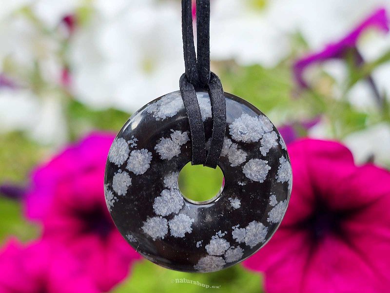 Obsidián vločkový donut na kůži cca 30mm