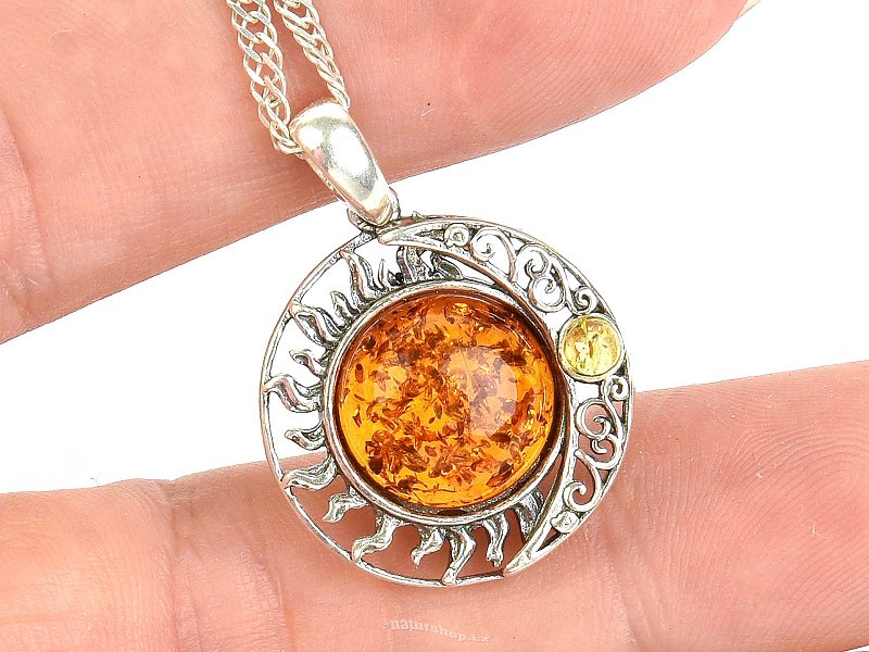 Amber sun and moon pendant Ag 925/1000