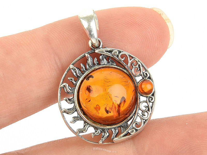 Amber honey sun and moon pendant Ag 925/1000