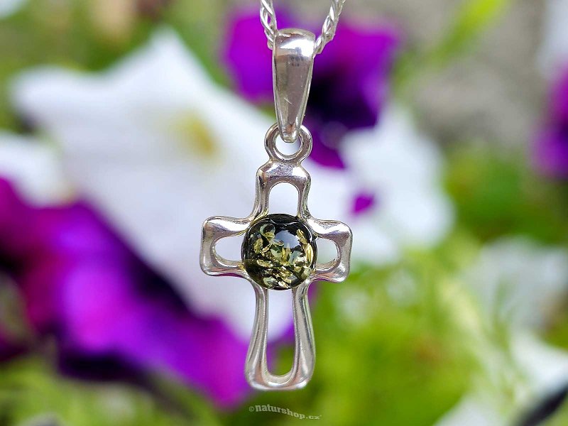 Cross pendant made of green amber Ag 925/1000