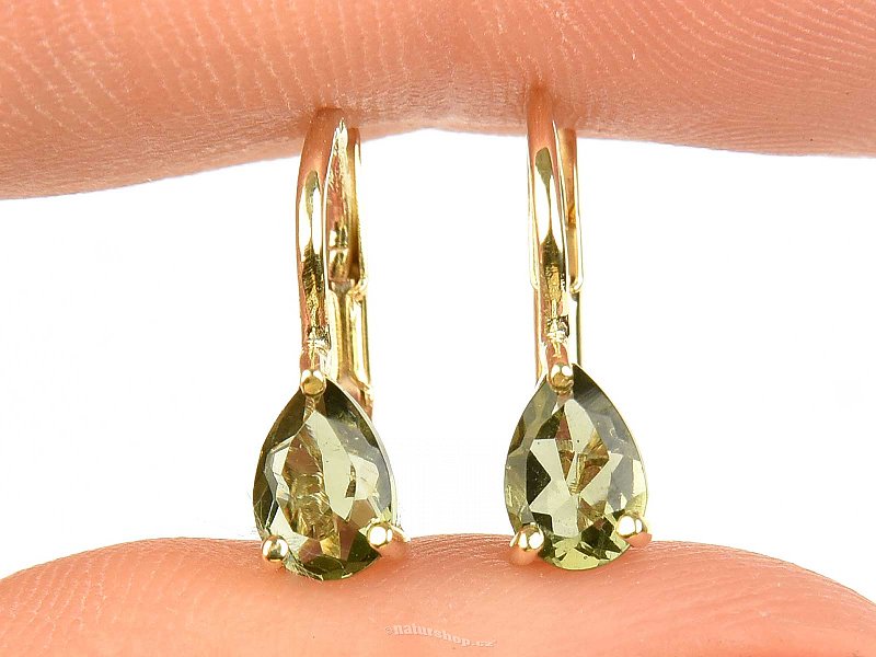 Vltavín teardrop earrings 6 x 4mm standard cut Au 585/1000 14K 1.49g