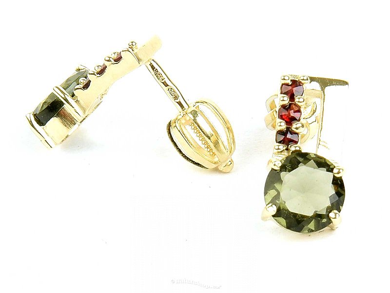 Vltavín and garnet earrings gold Au 585/1000 14K 2.41g