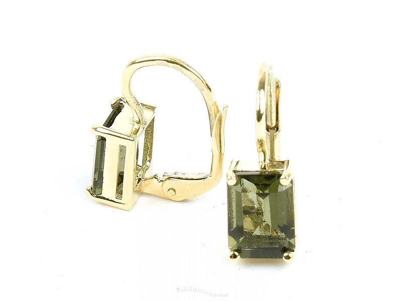 Vltavín earrings gold rectangle 8x6mm standard cut Au 585/1000 14K 2.70g